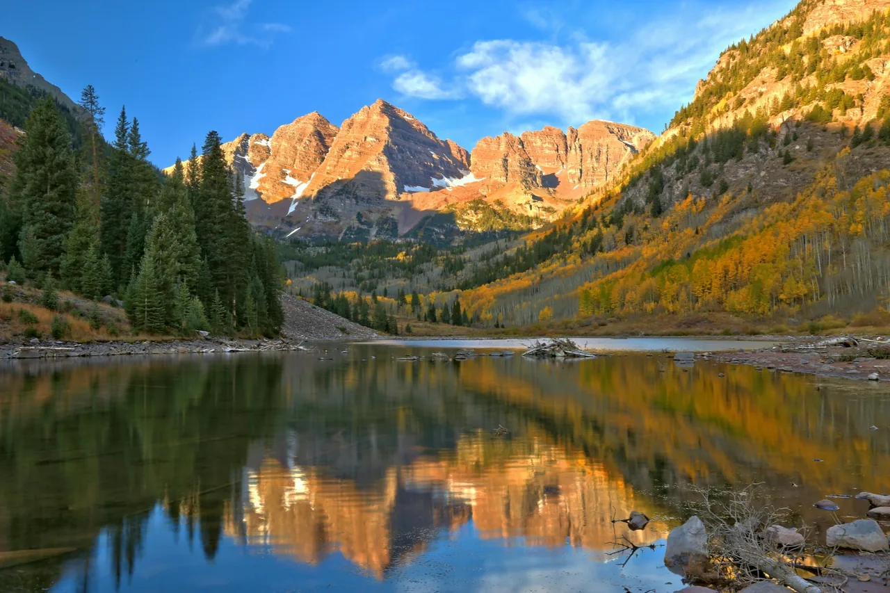 Wide summer view of Aspen and Colorado mountain ridges